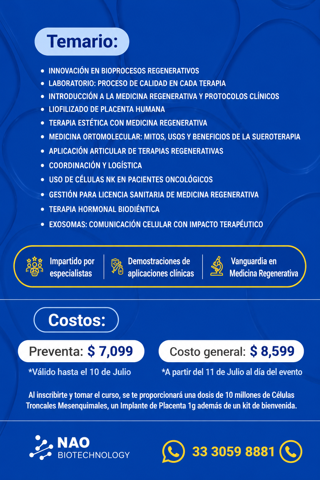Temario y costos del curso de Medicina Regenerativa NAO Biotechnology